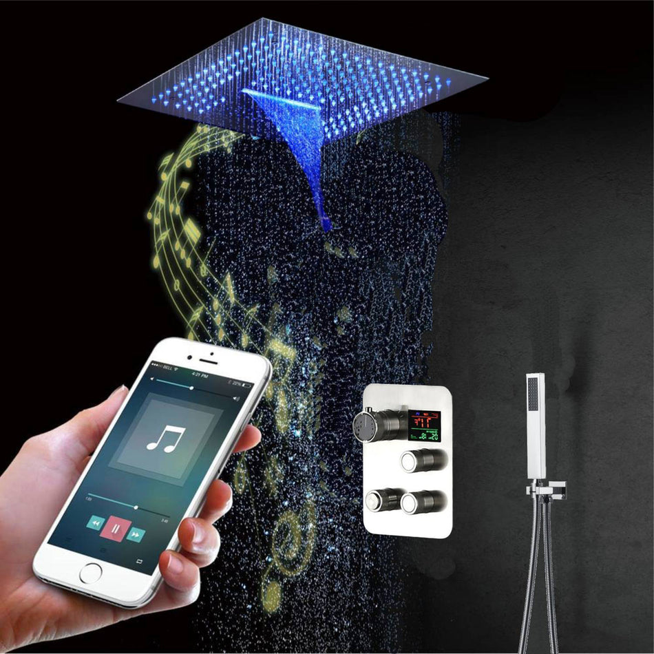 16-Inch Chrome Pressure-Balance Shower Faucet: Flush-Mounted, 3-Way Control, 64-Color LED Lighting, Bluetooth Music