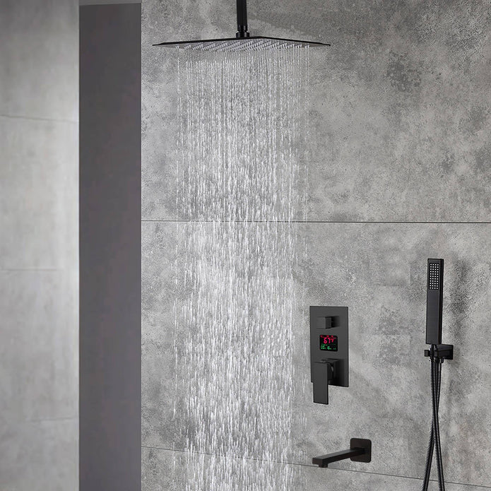 12 INCH or 16 INCH 3 LED color lights rain head ceiling mounted 3 way matte black pressure balance Digital display rain showers with tub spout