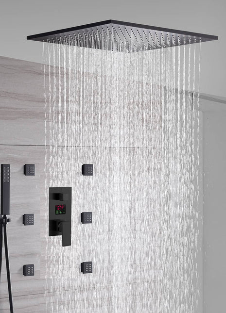 matte black 20 inch or 24 inch 3 LED colors rainfall shower head 3 way anti scald Digital display valve Shower Faucet with 6 body jets