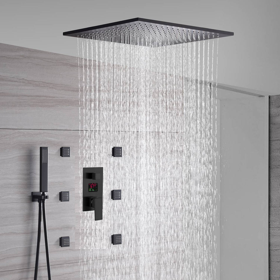 matte black 20 inch or 24 inch 3 LED colors rainfall shower head 3 way anti scald Digital display valve Shower Faucet with 6 body jets