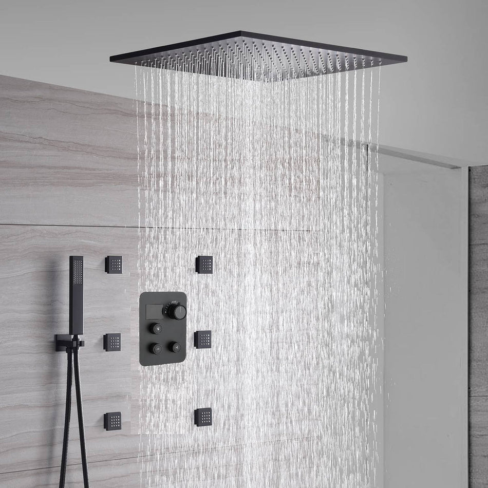 20-inch or 24 inch LED light ceiling mounted Matte Black 3 way touch-panel valve with a big water flow adjustable fixture