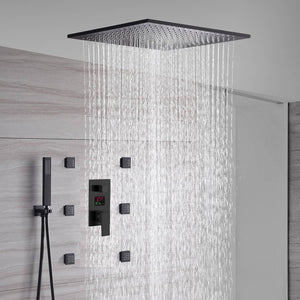 
                  
                    matte black 20 inch or 24 inch 3 LED colors rainfall shower head 3 way anti scald Digital display valve Shower Faucet with 6 body jets
                  
                