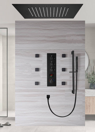 64 LED colors bluetooth music  20 inch Matte Black flushed on rainfall shower systems 3 way digital display thermostatic valve with Regular head and 6 body jets