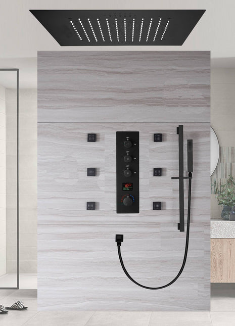 64 LED colors bluetooth music  20 inch Matte Black flushed on rainfall shower systems 3 way digital display thermostatic valve with Regular head and 6 body jets