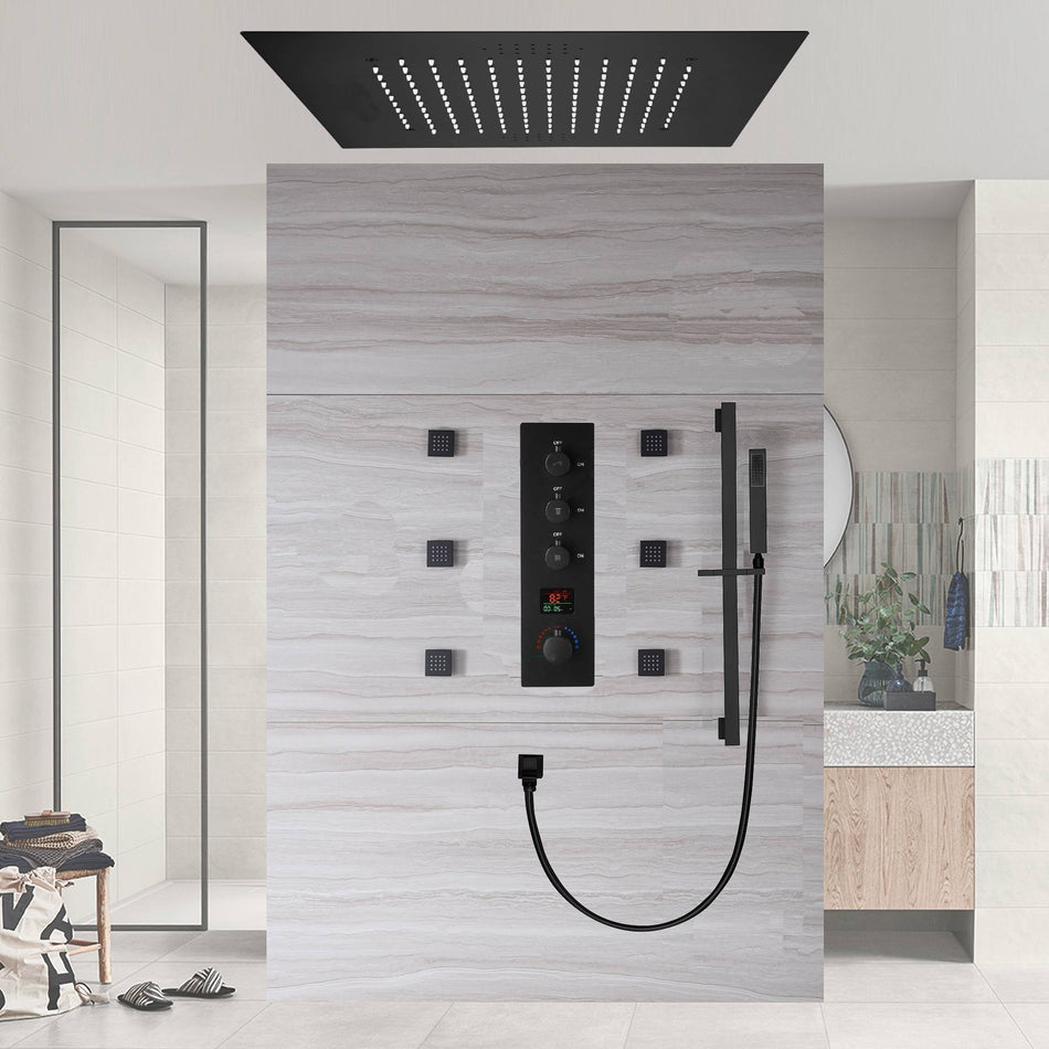 64 LED colors bluetooth music  20 inch Matte Black flushed on rainfall shower systems 3 way digital display thermostatic valve with Regular head and 6 body jets