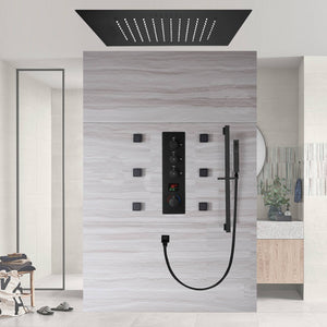 
                  
                    64 LED colors 20 inch Matte Black flushed on rainfall shower systems 3 way digital display thermostatic valve with Regular head and 6 body jets
                  
                