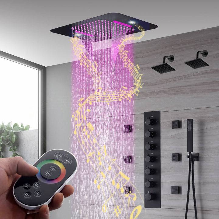 Matte Black Music LED Flushed in 23X 15inch shower head 6 way thermostatic shower system with Dual regular shower heads and body jets