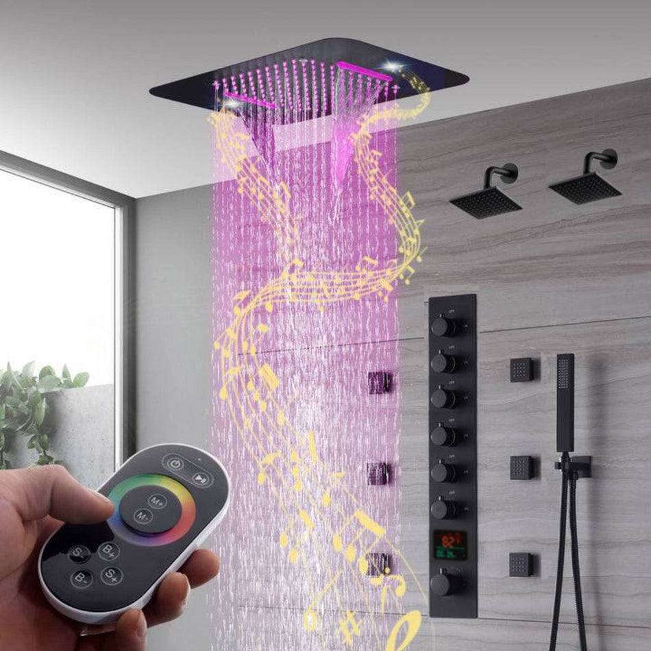 Matte Black Music LED Flushed in 23X 15inch shower head 6 way thermostatic shower system with Dual regular shower heads and body jets