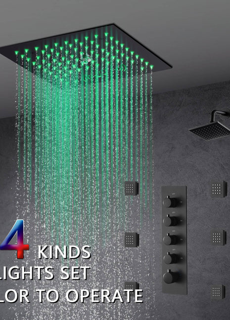 Flush mounted 12 inch 64 LED colors light Matte Black Bluetooth Music 4 Way digital display Thermostatic Shower Faucet with body sprayers and regular head