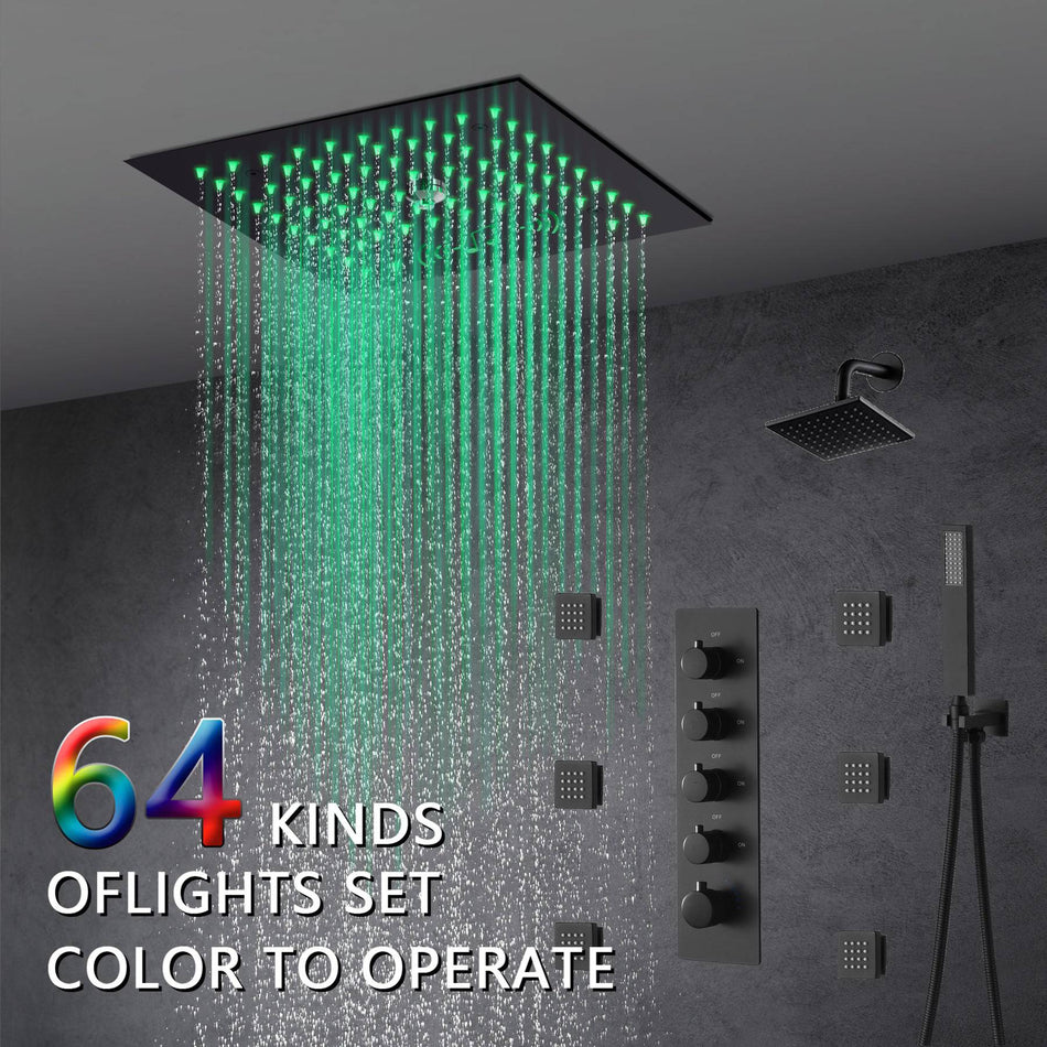 Flush mounted 12 inch 64 LED colors light Matte Black Bluetooth Music 4 Way digital display Thermostatic Shower Faucet with body sprayers and regular head
