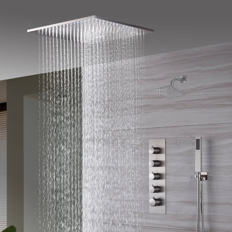 20 Inch Brushed nickel ceiling mount rainfall waterfall shower systems 4 way thermostatic valve with 6 inch regular head