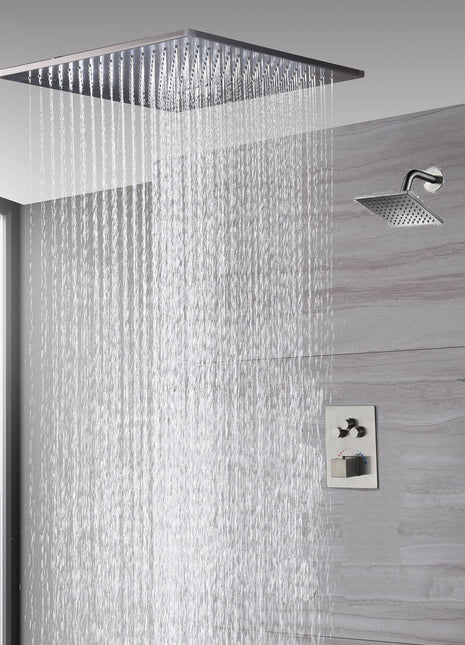 20 Inch Brushed nickel ceiling mount rainfall shower systems 3 way thermostatic valve with wall mount 6 inch regualr shower head