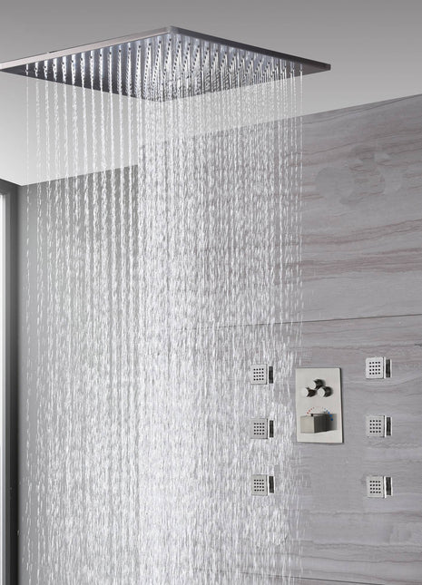 20'' ceiling mounted LED Brushed Nickel 3 way thermostatic valve that each function run at the same time and separately