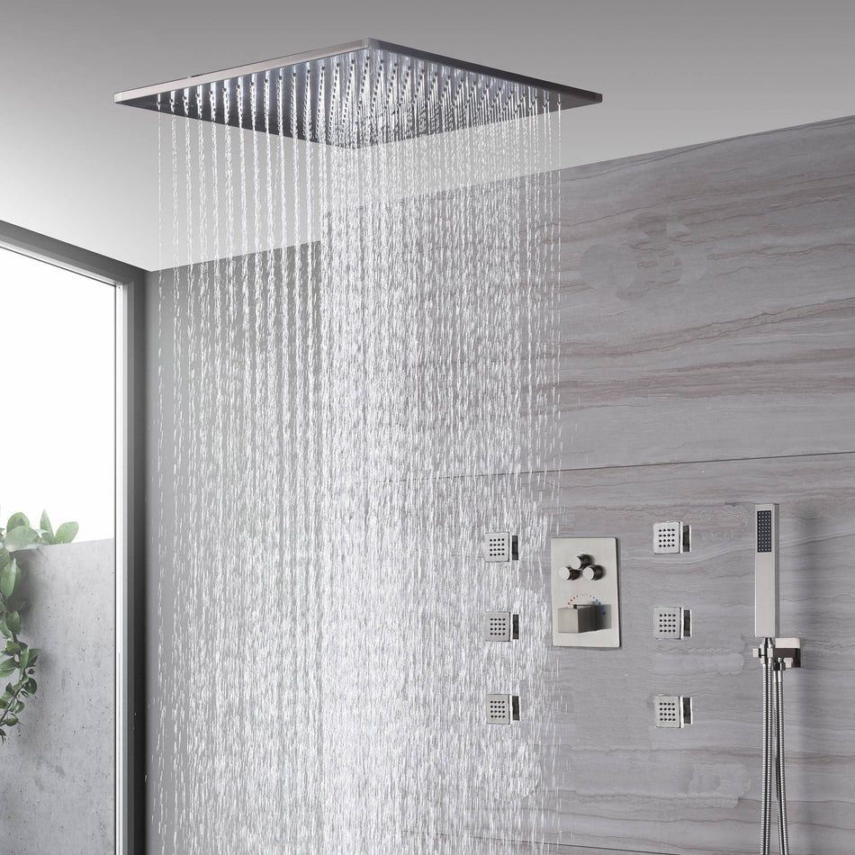 20'' ceiling mounted LED Brushed Nickel 3 way thermostatic valve that each function run at the same time and separately