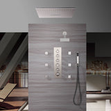 20 Inch Brushed nickel ceiling mount rainfall waterfall shower systems 5 way Digital display thermostatic valve with 6 body jets and regular head