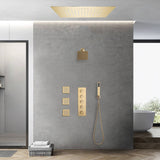 Brushed gold flush mounted 20 inch rainfall 64 LED light Bluetooth Music shower head 4 way digital display shower faucet with body jets and regular head