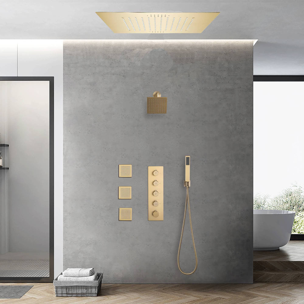 
                  
                    Brushed gold flush mounted 20 inch rainfall 64 LED light Bluetooth Music shower head 4 way digital display shower faucet with body jets and regular head
                  
                