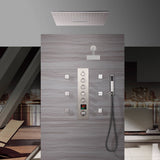 20 Inch Brushed nickel ceiling mount rainfall waterfall shower systems 5 way Digital display thermostatic valve with 6 body jets and regular head