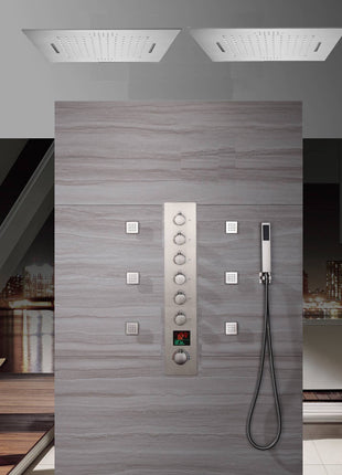 Dual 20 Inch Brushed nickel Flushed mount rainfall waterfall 64 LED light Bluetooth Music shower systems 6 way Digital display thermostatic valve with 6 body jets and regular head