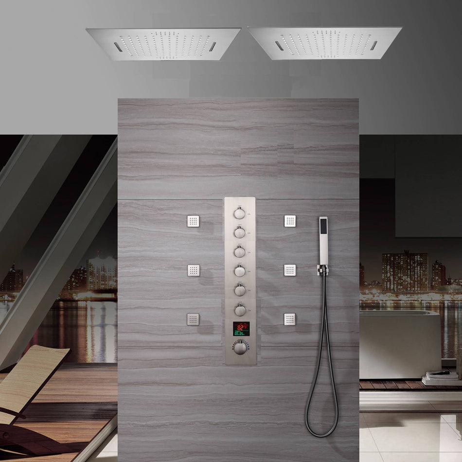 Dual 20 Inch Brushed nickel Flushed mount rainfall waterfall 64 LED light Bluetooth Music shower systems 6 way Digital display thermostatic valve with 6 body jets and regular head