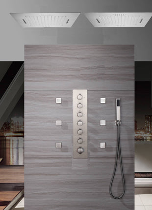 Dual 20 Inch Brushed nickel Flushed mount rainfall waterfall 64 LED light Bluetooth Music shower systems 6 way Digital display thermostatic valve with 6 body jets and regular head