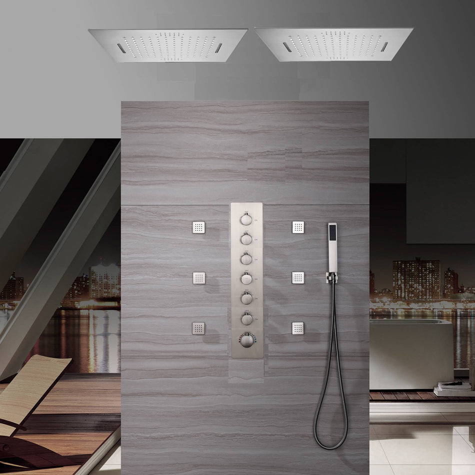 Dual 20 Inch Brushed nickel Flushed mount rainfall waterfall 64 LED light Bluetooth Music shower systems 6 way Digital display thermostatic valve with 6 body jets and regular head