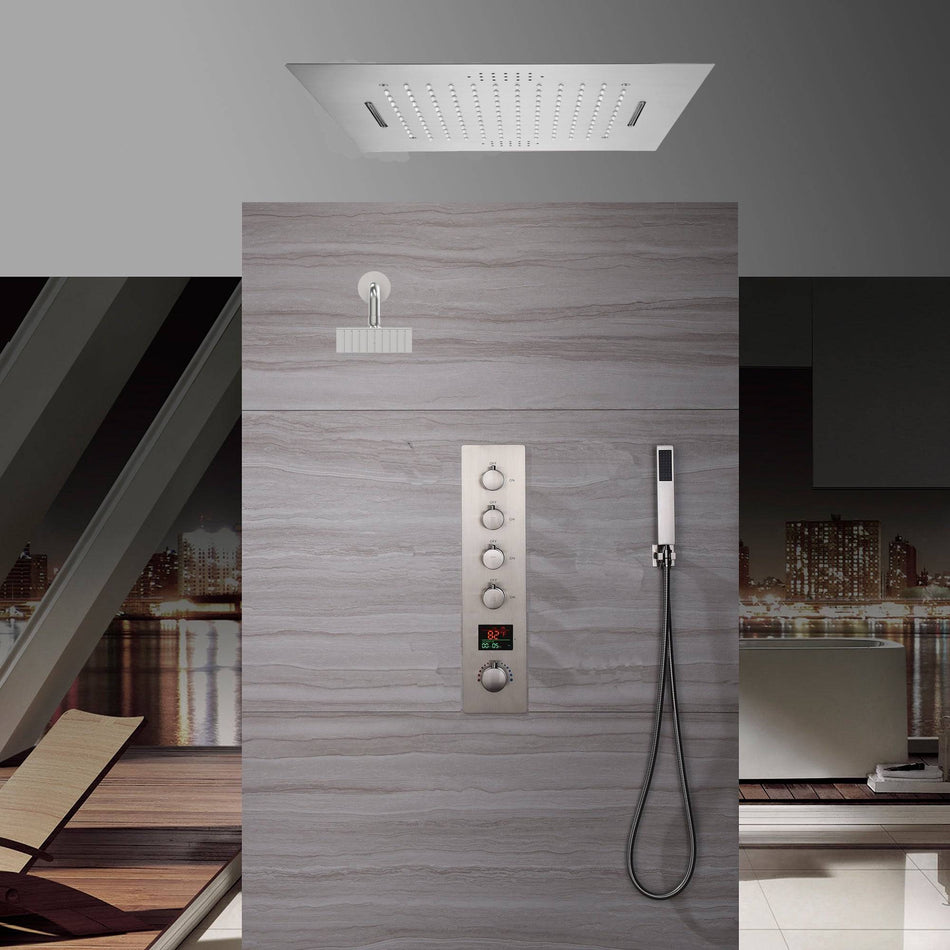 20inch Brushed nickel Flushed mount rainfall waterfall 64 LED light bluetooth music shower systems 4 way digital display thermostatic valve with regular head