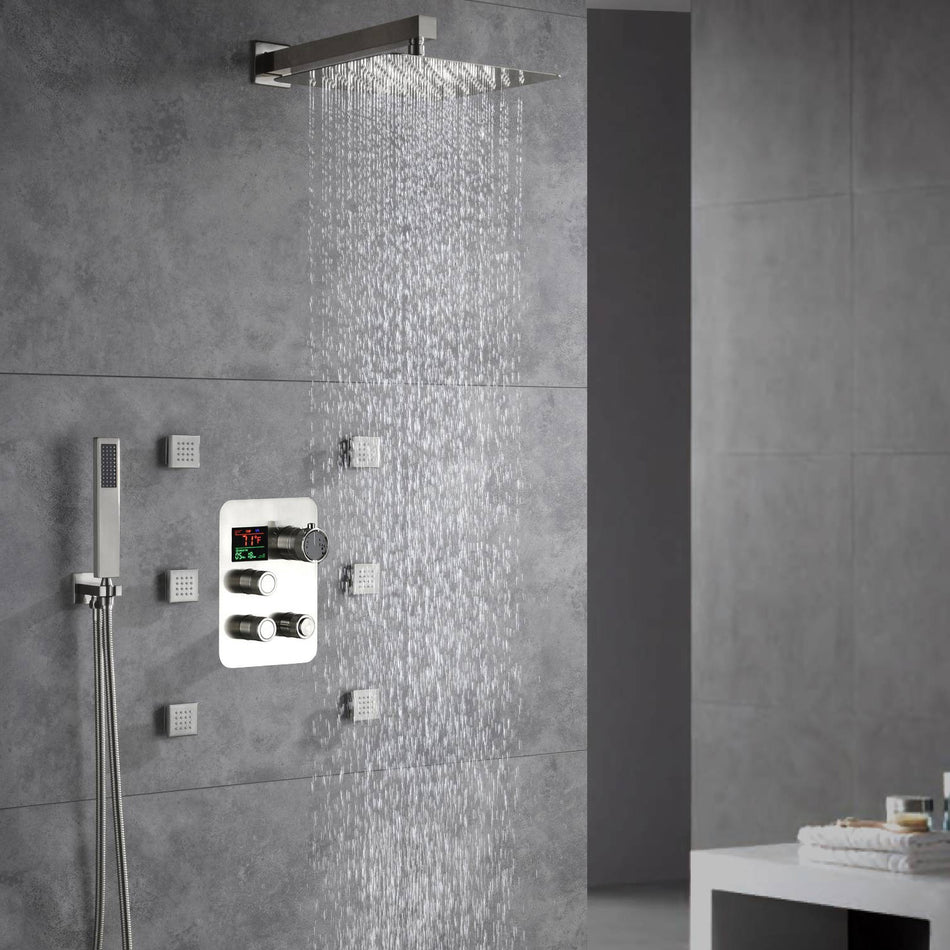 12 inch or 16 inchBrushed Nickel Wall Mount 3 way Thermostatic valve that each function run at the same time and separately