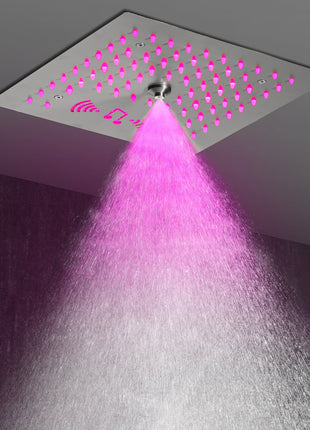 Flush mounted 12 inch 64 LED colors light Brushed nickel Bluetooth Music 4 Way Thermostatic Shower Faucet with regular head