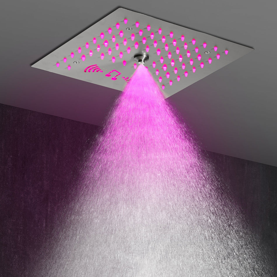Flushed mount 12 inch 64 LED colors light Brushed nickel Bluetooth Music 4 Way Thermostatic Shower Faucet with Waterfall tub spout
