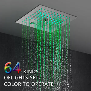 
                  
                    Flushed mount 12 inch 64 LED colors light Brushed nickel Bluetooth Music 4 Way Thermostatic Shower Faucet with Waterfall tub spout
                  
                