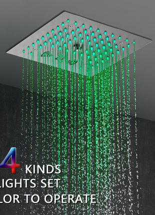 Flush mounted 12 inch 64 LED colors light Brushed nickel Bluetooth Music 4 Way Thermostatic Shower Faucet with regular head