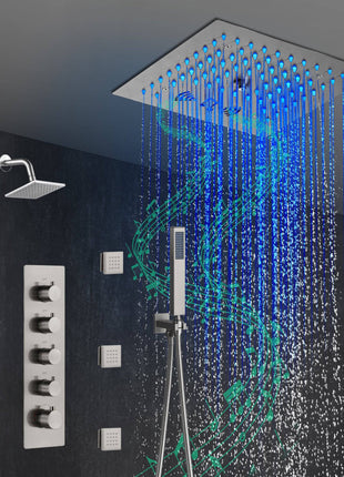 Flush mounted 12 inch 64 LED colors light Brushed nickel Bluetooth Music 4 Way Thermostatic Shower Faucet with body sprayers and regular head