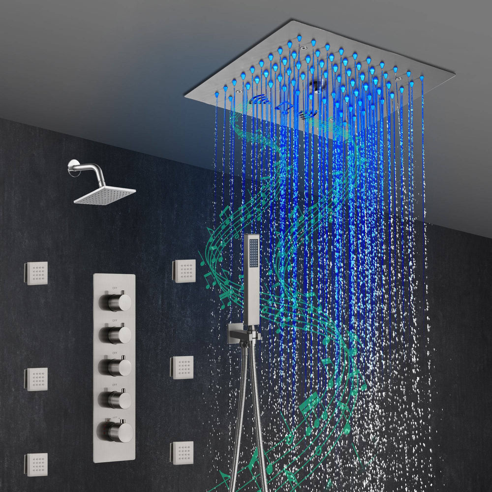 
                  
                    Flush mounted 12 inch 64 LED colors light Brushed nickel Bluetooth Music 4 Way Thermostatic Shower Faucet with body sprayers and regular head
                  
                