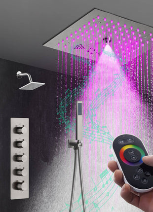 Flush mounted 12 inch 64 LED colors light Brushed nickel Bluetooth Music 4 Way Thermostatic Shower Faucet with regular head