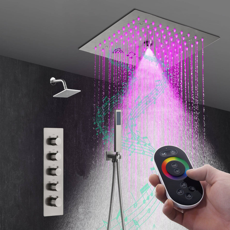 Flush mounted 12 inch 64 LED colors light Brushed nickel Bluetooth Music 4 Way Thermostatic Shower Faucet with regular head