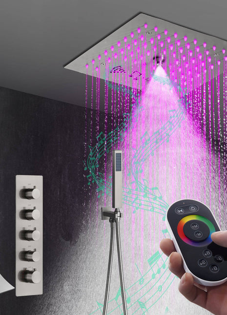 Flushed mount 12 inch 64 LED colors light Brushed nickel Bluetooth Music 4 Way Thermostatic Shower Faucet with Waterfall tub spout