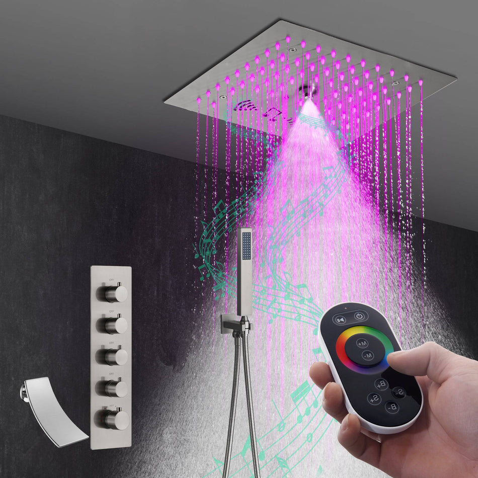 Flushed mount 12 inch 64 LED colors light Brushed nickel Bluetooth Music 4 Way Thermostatic Shower Faucet with Waterfall tub spout