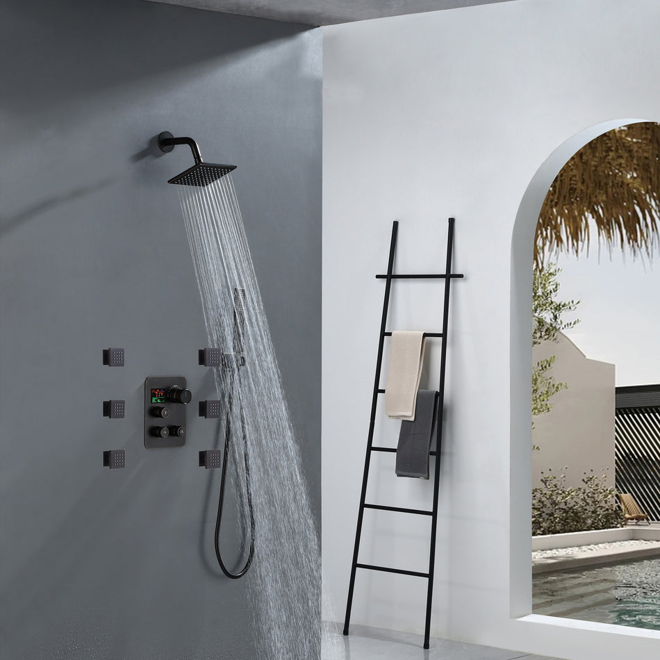 Oil Rubbed Bronze 3 way thermostatic Shower Faucet System with 6 body jets each function work at the same time and separately