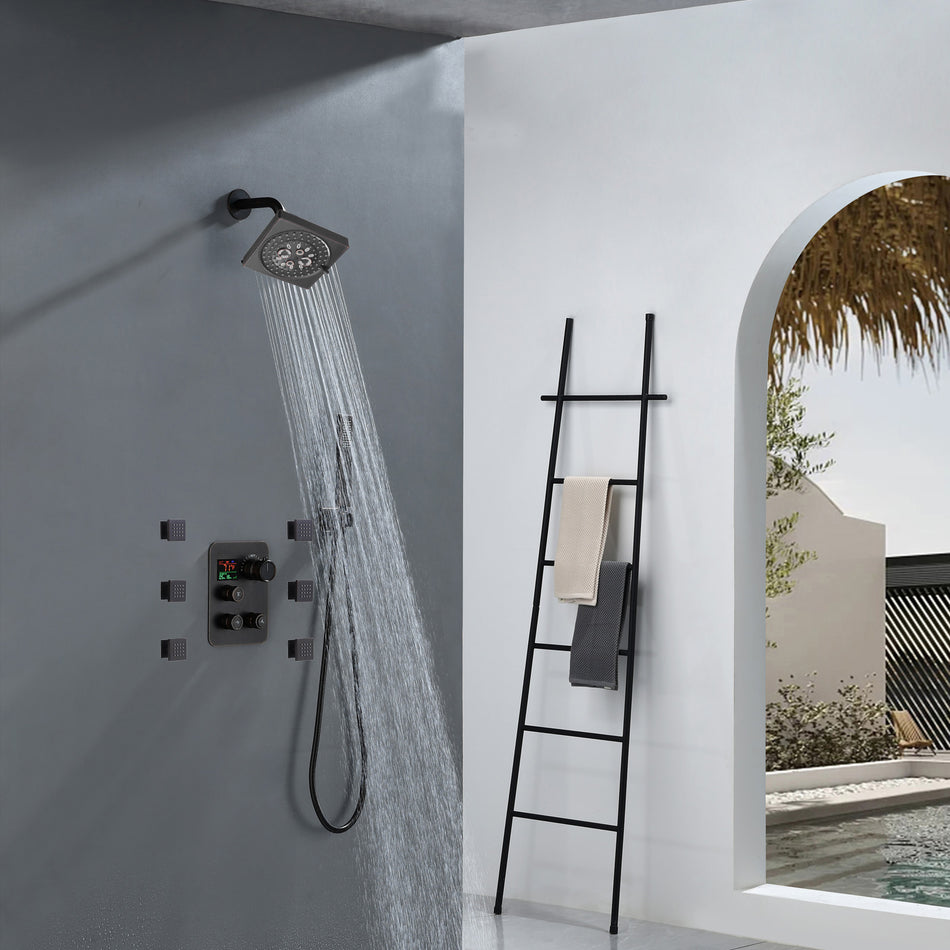 Oil Rubbed Bronze 3 way thermostatic Shower Faucet System with 6 body jets each function work at the same time and separately