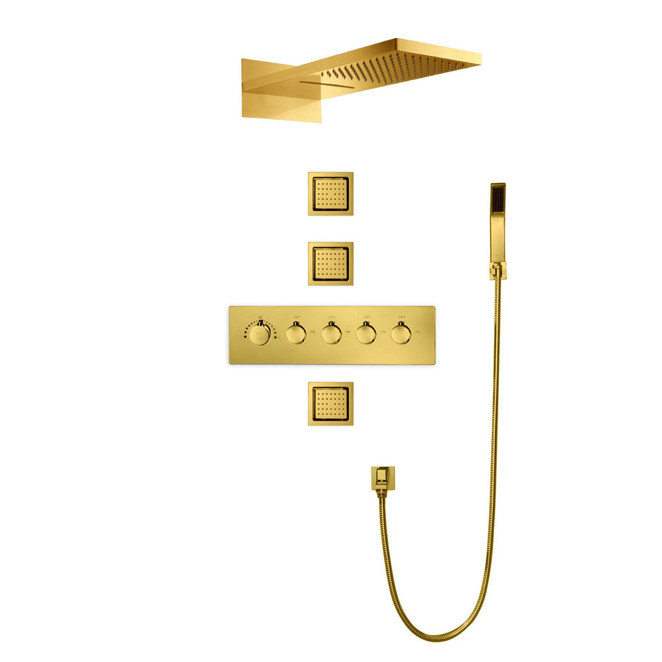 Polished Gold Wall Mount 22 inch Rainfall Waterfall Shower Head 4 Way Thermostatic Shower Faucet Set with Body Jets Each Function Work All Together and Separately
