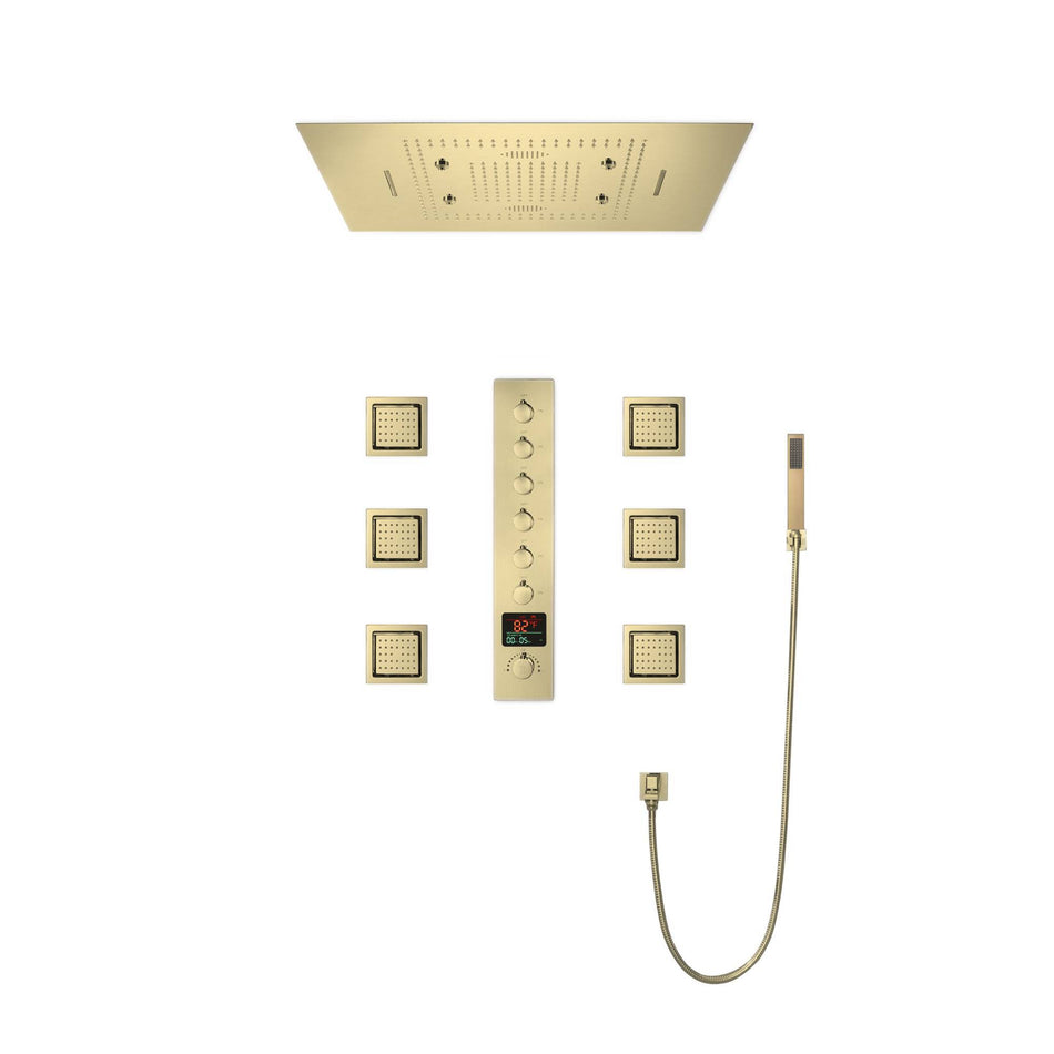 Brushed Gold Music LED Flushed in 31inch shower head 6 way thermostatic valve that each function run all together and separately