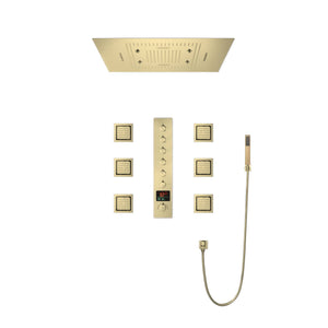 
                  
                    Brushed Gold Music LED Flushed in 31inch shower head 6 way thermostatic valve that each function run all together and separately
                  
                