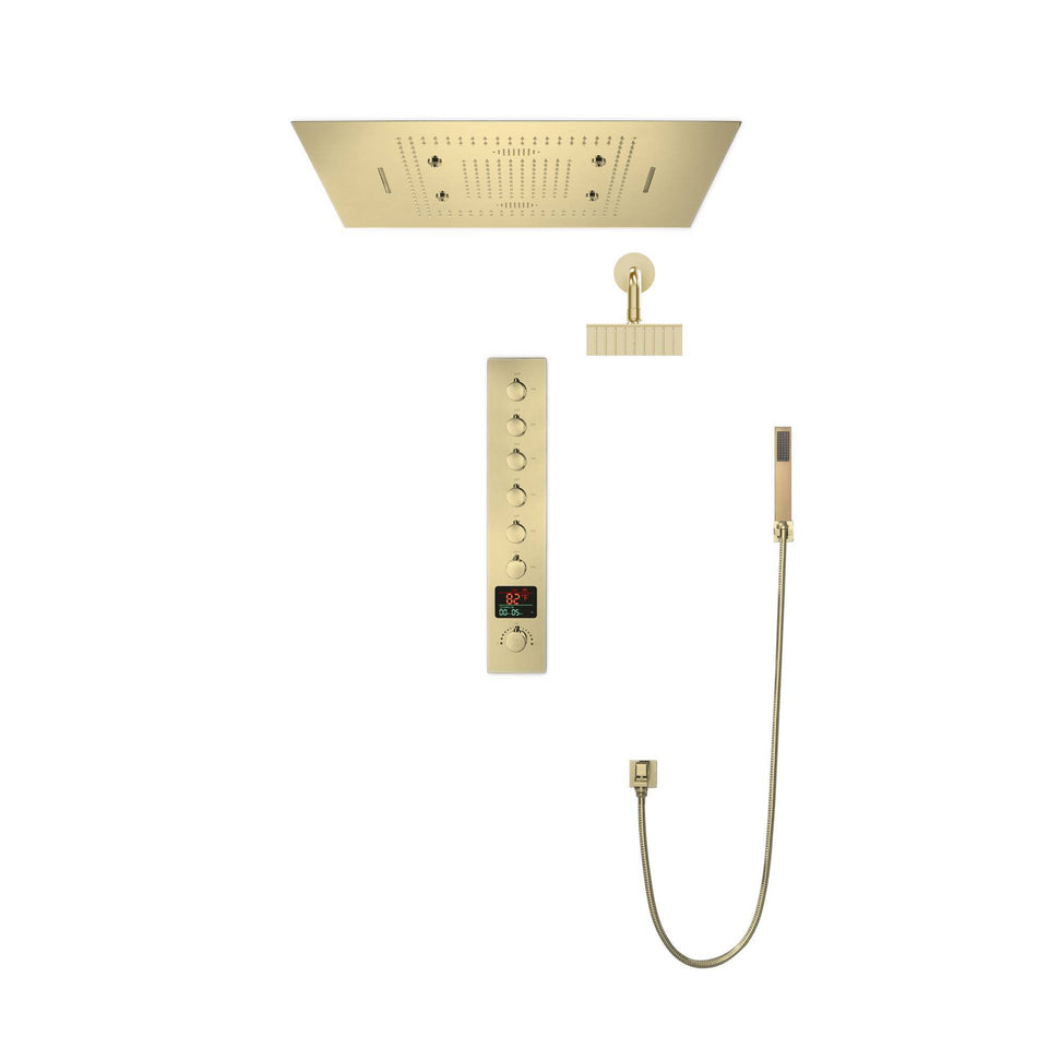 Brushed Gold Music LED Flushed in 31inch shower head 6 way thermostatic valve that each function run all together and separately