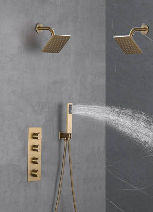 Brushed Gold dual Regular high pressure shower head 3 way thermostatic valve shower heads systems each function work at the same time and separately