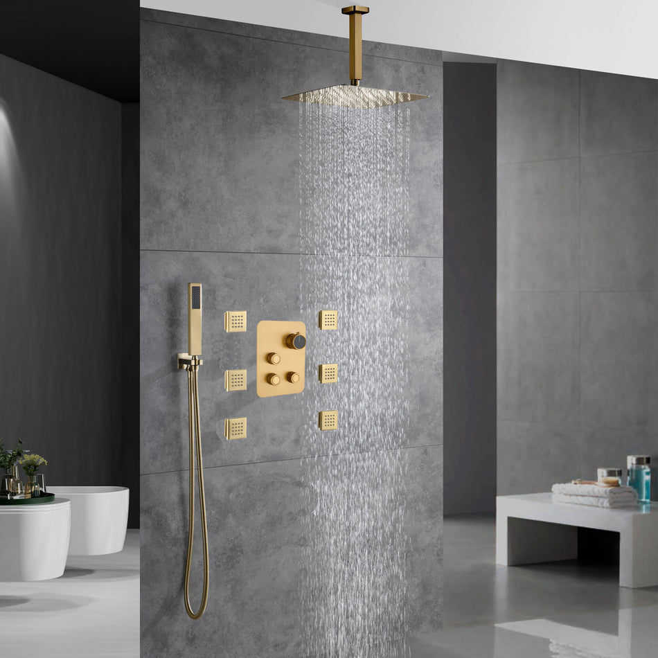 Brushed gold Ceiling mount 3 way Thermostatic Shower jets system that each function run all together and separately