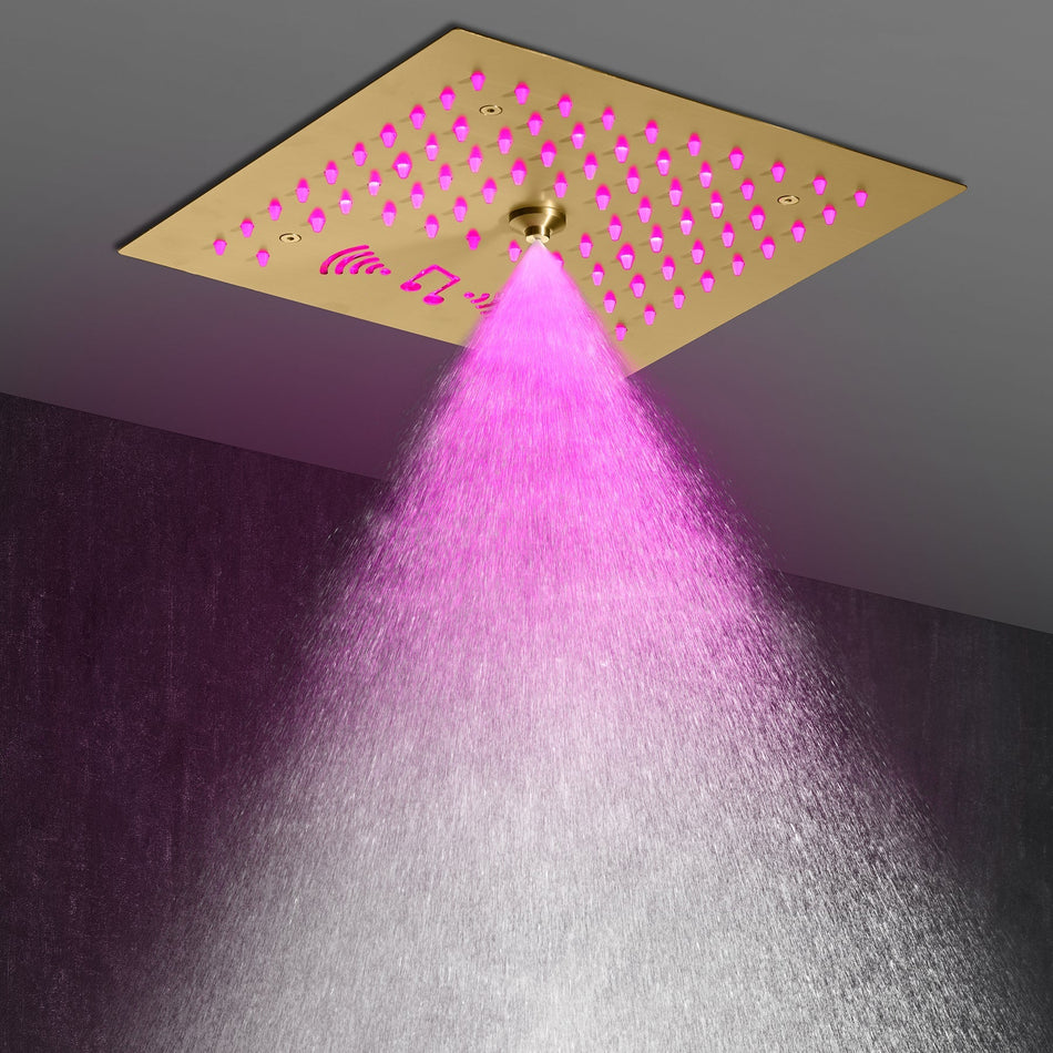 Flush mounted 12 inch 64 LED colors light Brushed gold Bluetooth Music 4 Way Thermostatic Shower Faucet with Regular head