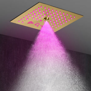 
                  
                    Brushed gold 12 inch rainfall mist flushed on shower head stainless 64 led colors lights bluetooth music
                  
                