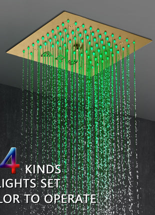 Brushed gold 12 inch rainfall mist flushed on shower head stainless 64 led colors lights bluetooth music