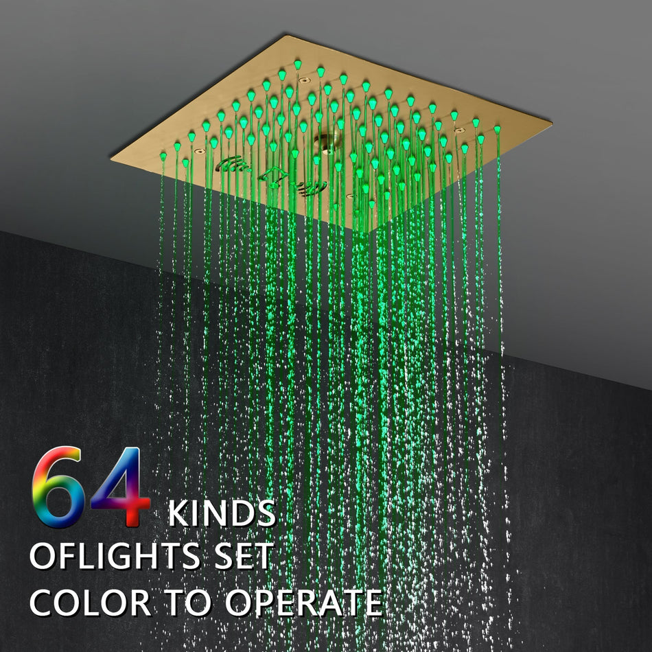 Brushed gold 12 inch rainfall mist flushed on shower head stainless 64 led colors lights bluetooth music